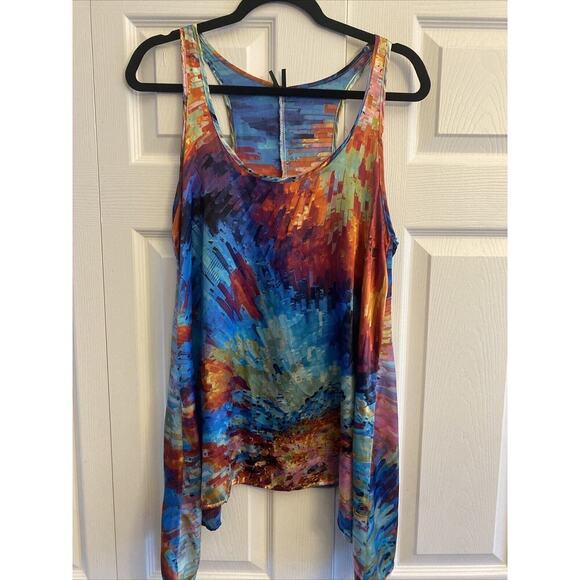 LAPIS Women's Asymettrical Colorful‎ Long Line Sleeveless Blouse Satin Artsy M - Picture 1 of 7